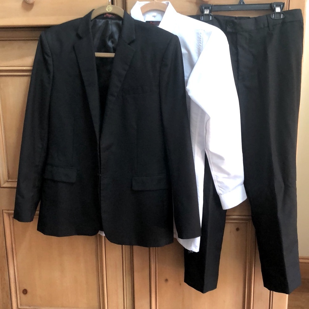 Boys 18 Black Tie Suit Jacket Pants White Dress Shirt Set Formal 3 Piece Set